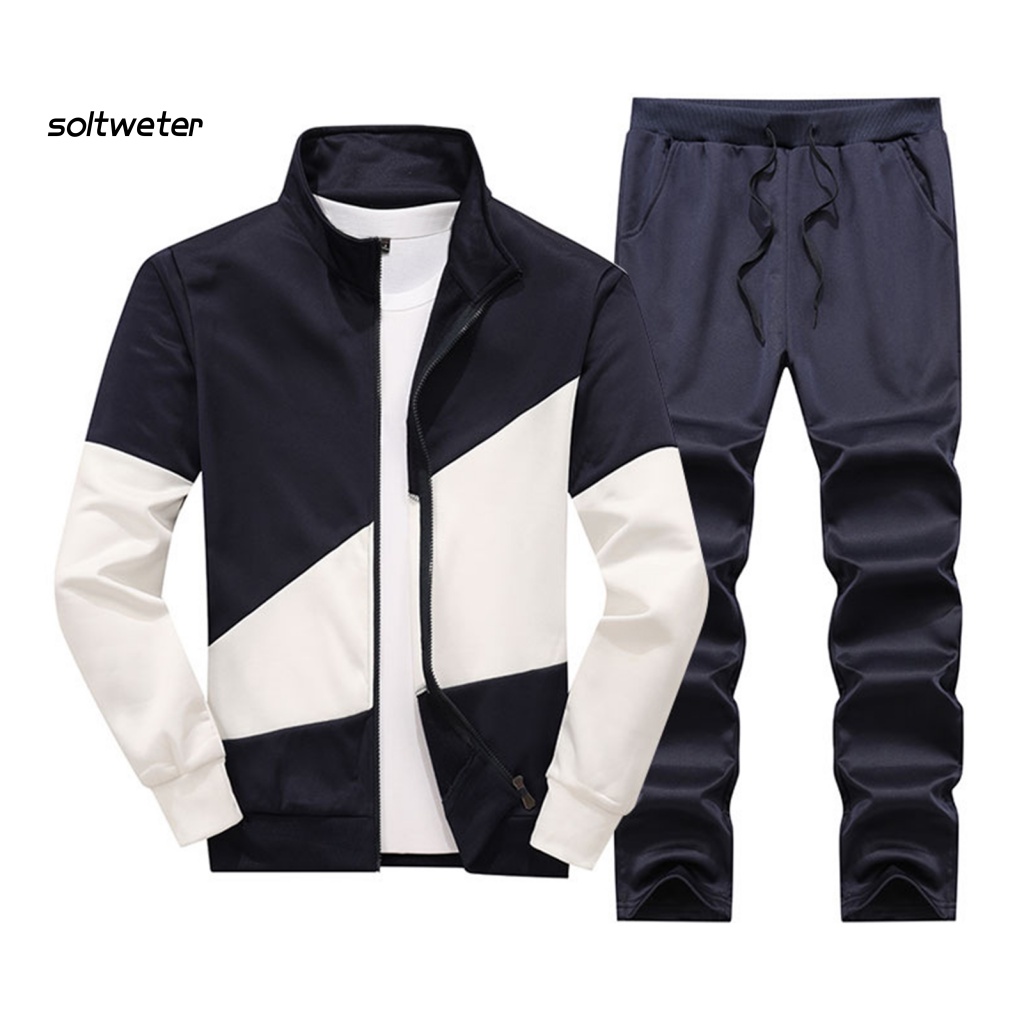 1 Bộ Áo Khoác Cổ Đứng Phối Màu Tương Phản + Quần Lưng Thun Phong Cách Đường Phố Thời Trang Xuân Thu Cho Nam