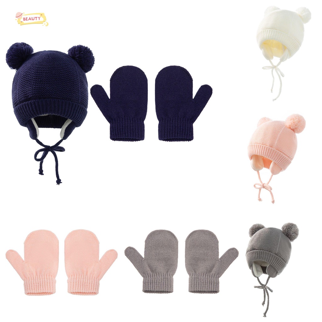 Set 2 Mũ Len Trùm Đầu Đính Quả Bông Cho Bé Sự Bảo Vệ