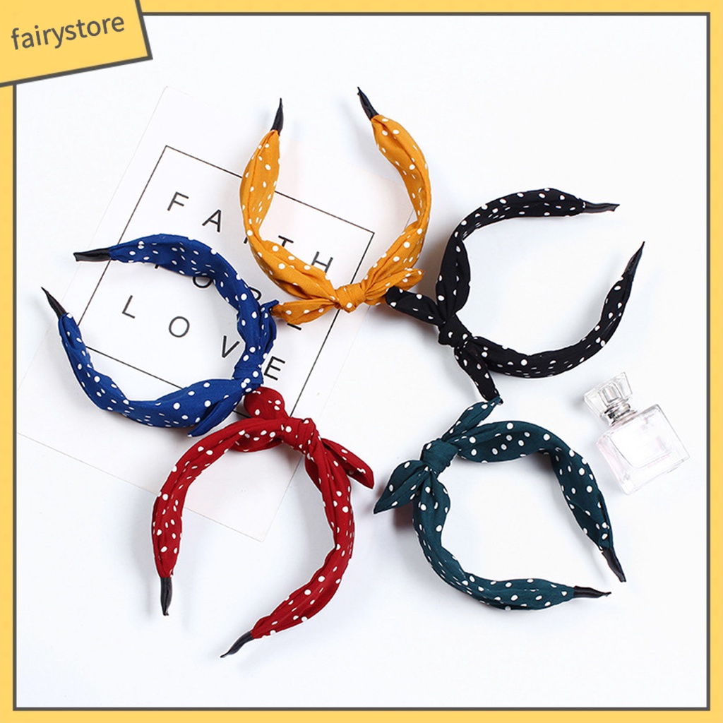 Băng Đô Tai Thỏ Co Giãn Chống Trượt In Họa Tiết Chấm Bi Màu Sắc Tương Phản Dành Cho Nữ