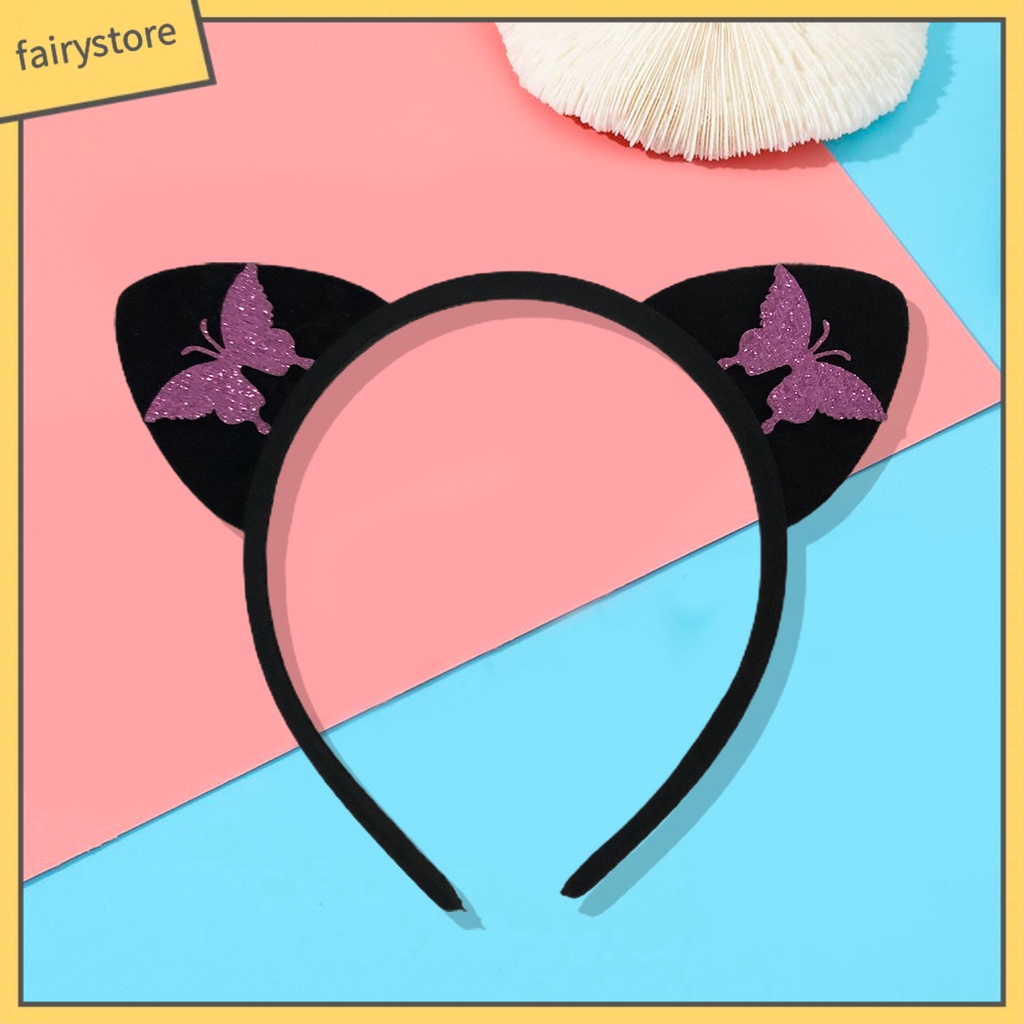 Băng Đô Tai Mèo Bằng Vải Chống Trượt In Họa Tiết Bướm Dễ Thương