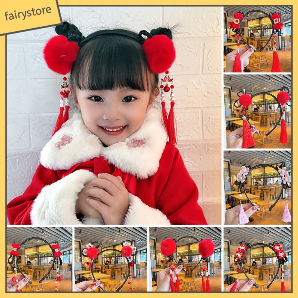 Băng Đô Nơ Đính Ngọc Trai Co Giãn Phối Bóng Lông Tua Rua Phong Cách Trung Hoa Mừng Năm Mới Cho Bé Gái