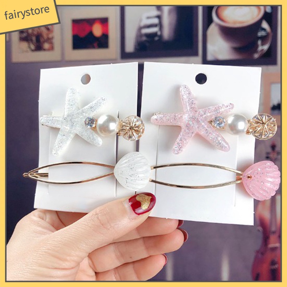 Set 2 Kẹp Tóc Hình Vỏ Sò / Sao Biển Đính Ngọc Trai Giả Thời Trang Cho Nữ