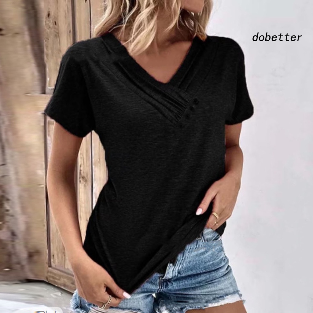 [DO] Áo Thun Tay Ngắn Cổ Chữ V Màu Trơn Mềm Mại Thoáng Khí Có Nút Trang Trí Đơn Giản Dành Cho Nữ Mùa Hè