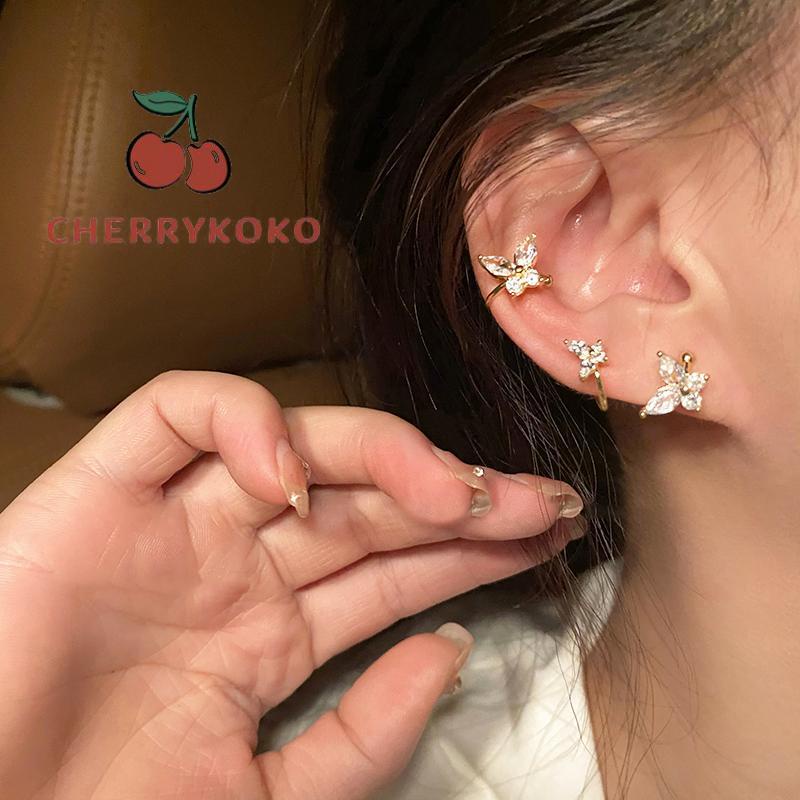 🍒🍒CHERRYKOKO Khuyên Tai Dạng Kẹp Không Cần Bấm Lỗ Hình Bướm Dát Kim Cương Tinh