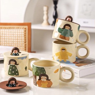 (CÓ SẴN) Cốc sứ dễ thương phong cách hoạt hình kèm nắp đậy cô gái, chàng trai