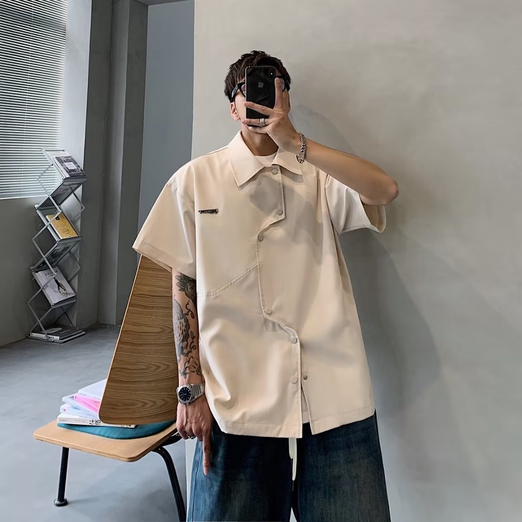 Áo Sơ Mi Nam Ngắn Tay Dáng Rộng Thiết Kế Bất Đối Xứng Phong Cách Mới 2023