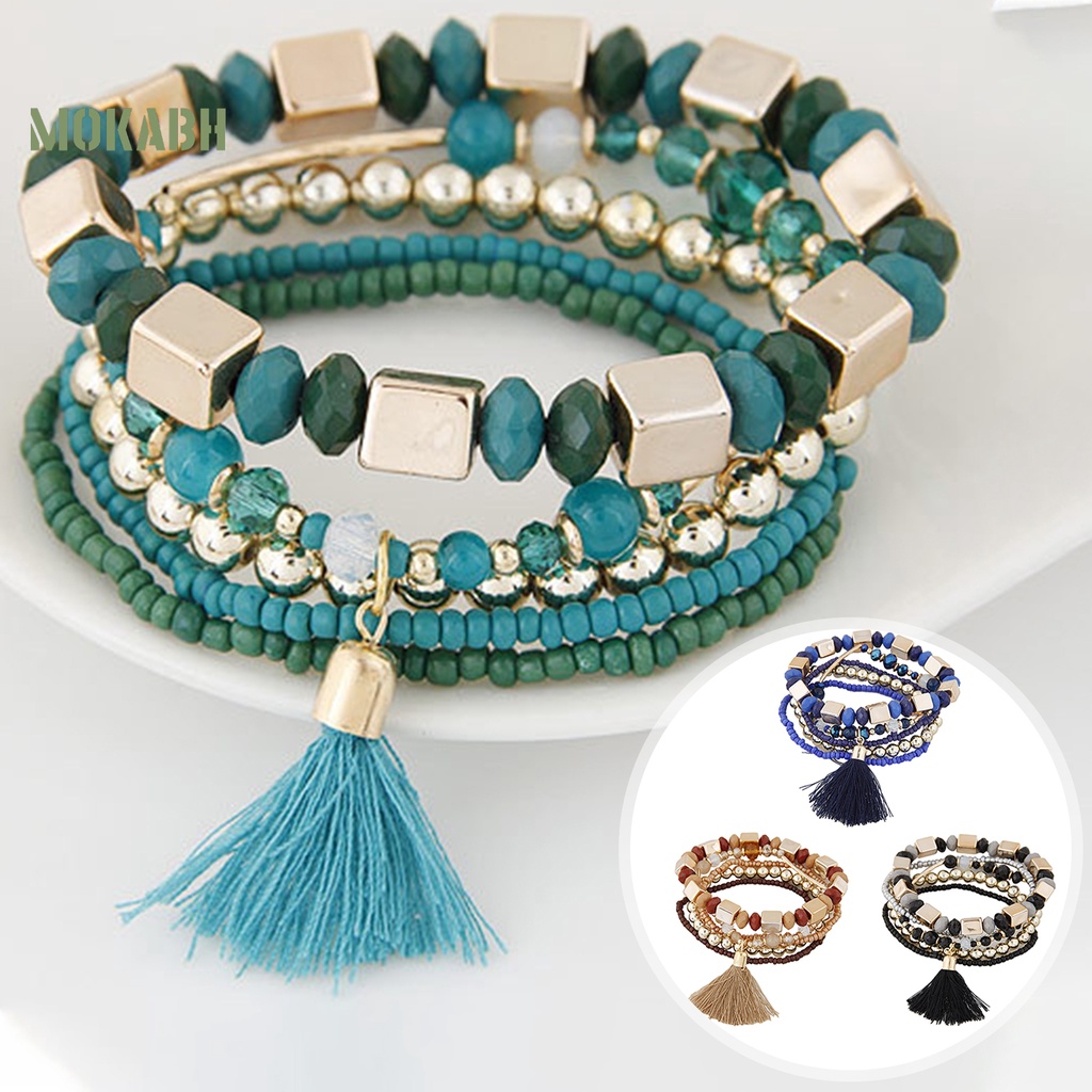 [Mok Abh] Vòng Tay Hạt Nhựa Resin Nhiều Lớp Phong Cách Bohemian Cổ Điển