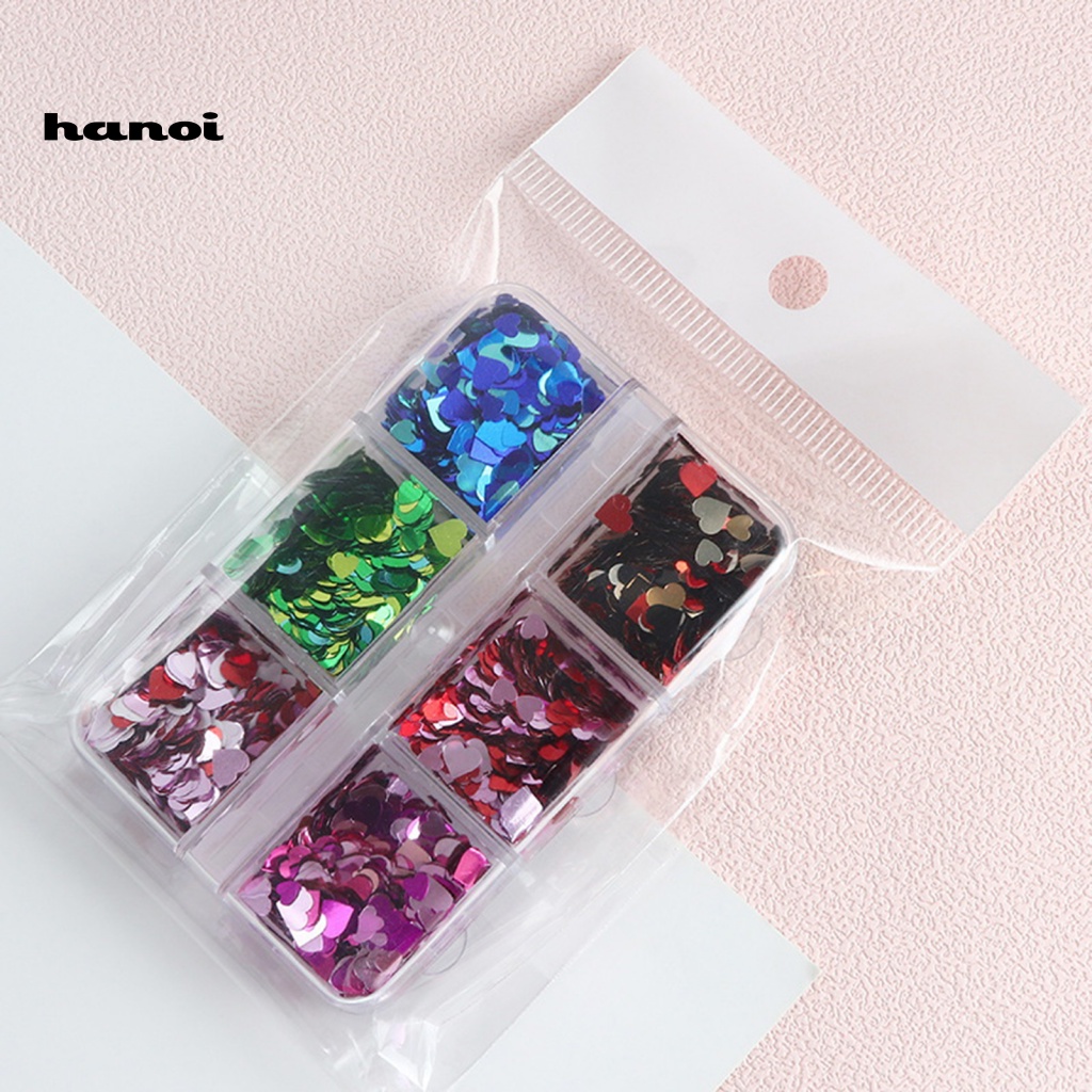 1 Hộp Kim Sa Phản Quang 6 Ngăn Trái Tim Trang Trí Móng Tay DIY