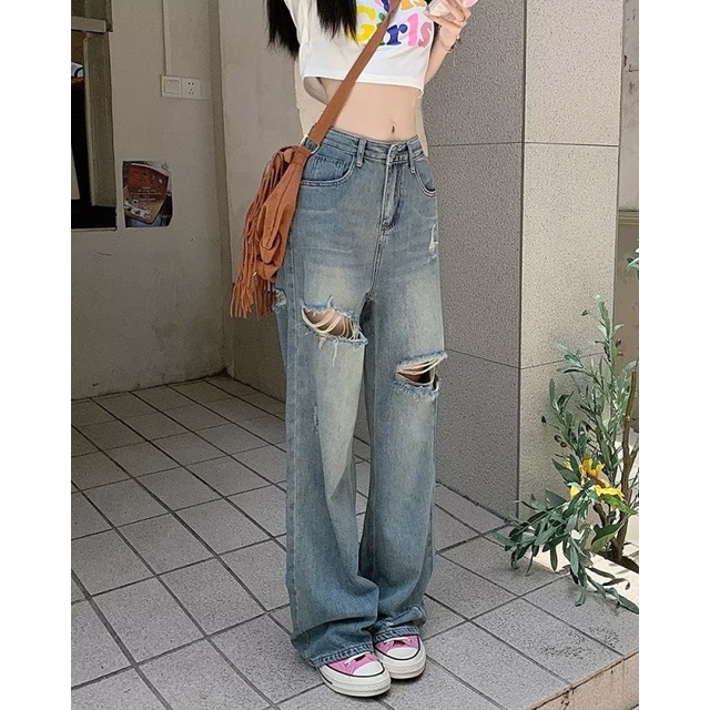 NZN Quần jean đen nữ Hàn Quốc cắt dài eo cao rách quần ống rộng