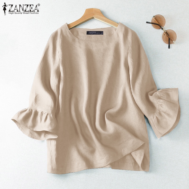 Zanzea Áo Sơ Mi Tay Lửng Nhún Bèo Màu Trơn Phong Cách Hàn Quốc Cho Nữ