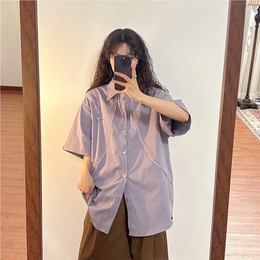 Áo Sơ Mi Ngắn Tay Dáng Rộng Có Khóa Kéo Kim Loại Phong Cách Retro Đường Phố Mỹ Mùa Hè Mới Dành Cho Nữ @ -