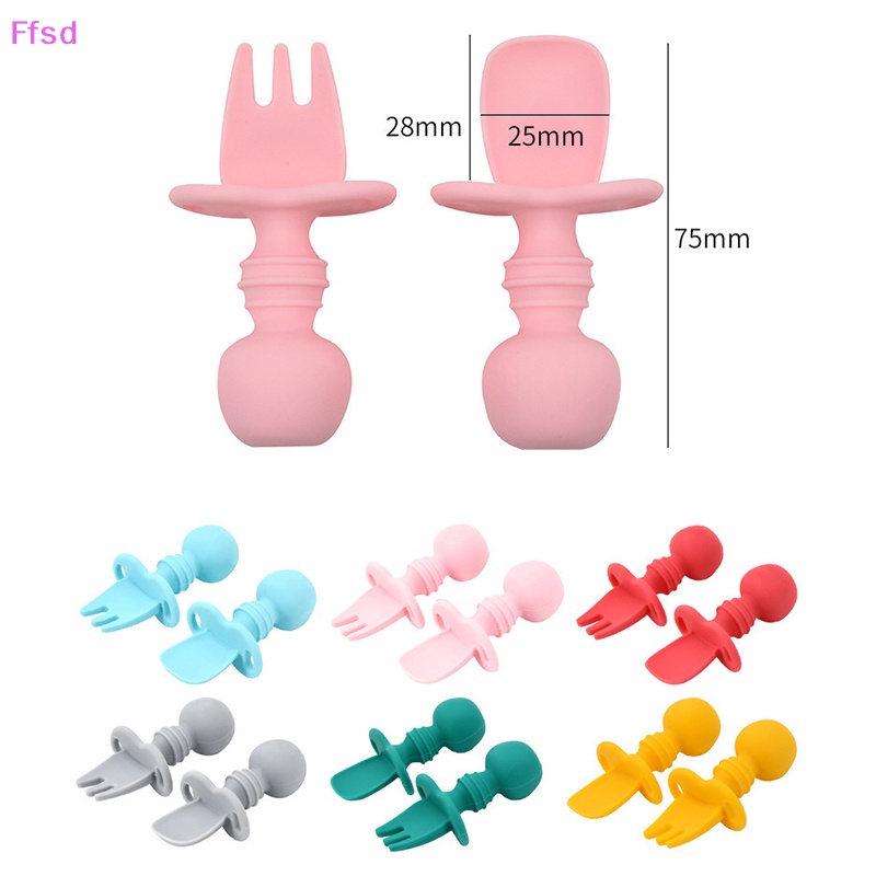 Bộ Muỗng Nĩa Bằng Silicon Mềm Tay Cầm Ngắn Tập Ăn Cho Bé