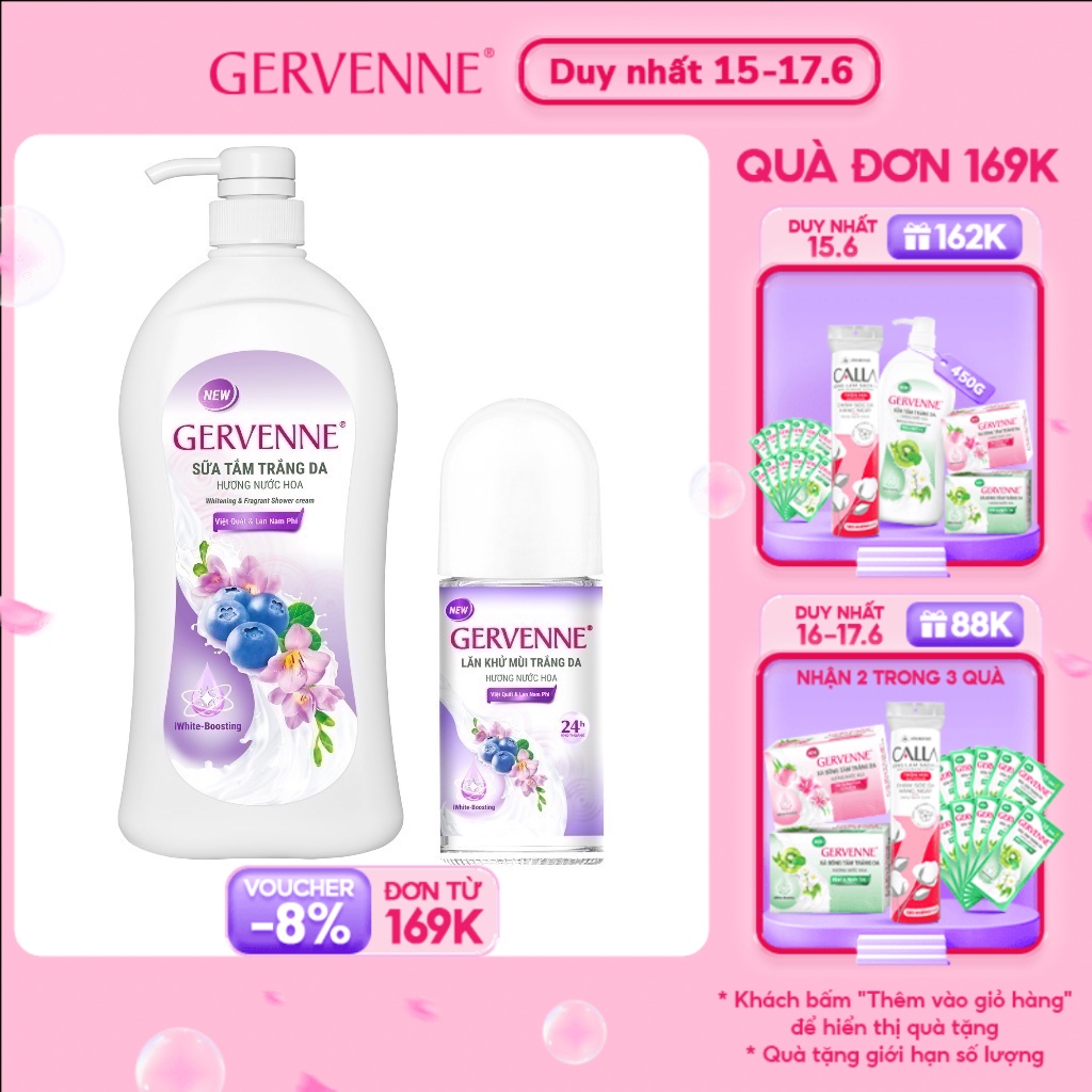 Combo Sữa tắm trắng da Gervenne 900g và Lăn khử mùi trắng da hương Việt Quất và Lan Nam Phi 50ml