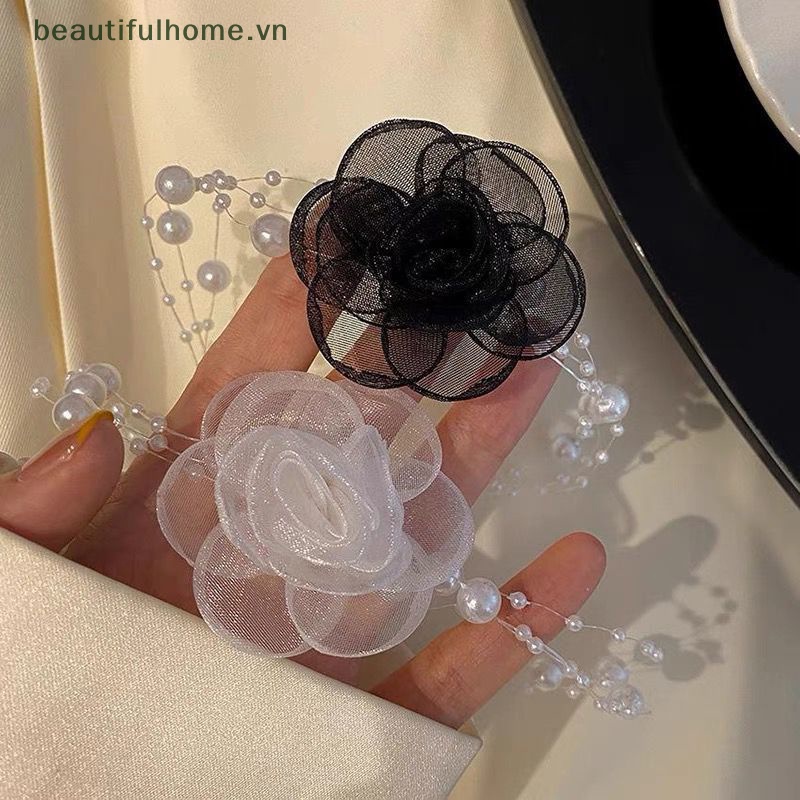 [beautifulhome] Vòng Cổ Choker Ngọc Trai Hoa Trắng Đen Lãng Mạn Mùa Hè Cho Nữ [beauty]