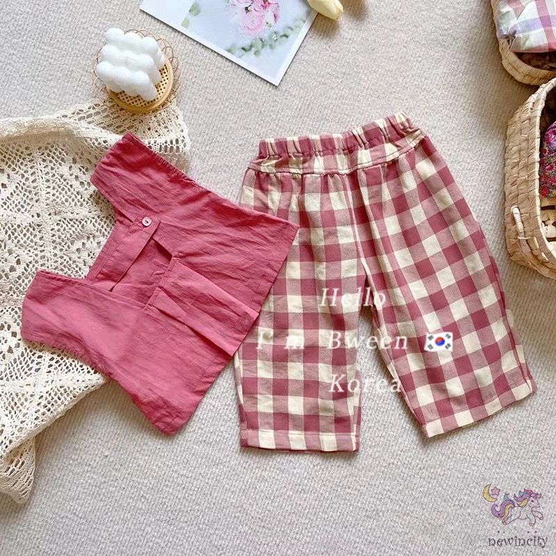 Set Đồ Mùa Hè 2 Món Gồm Áo Cổ Vuông Hở Lưng Màu Trơn + Quần Dài Eo Thun Kẻ Sọc Caro Cho Bé Gái