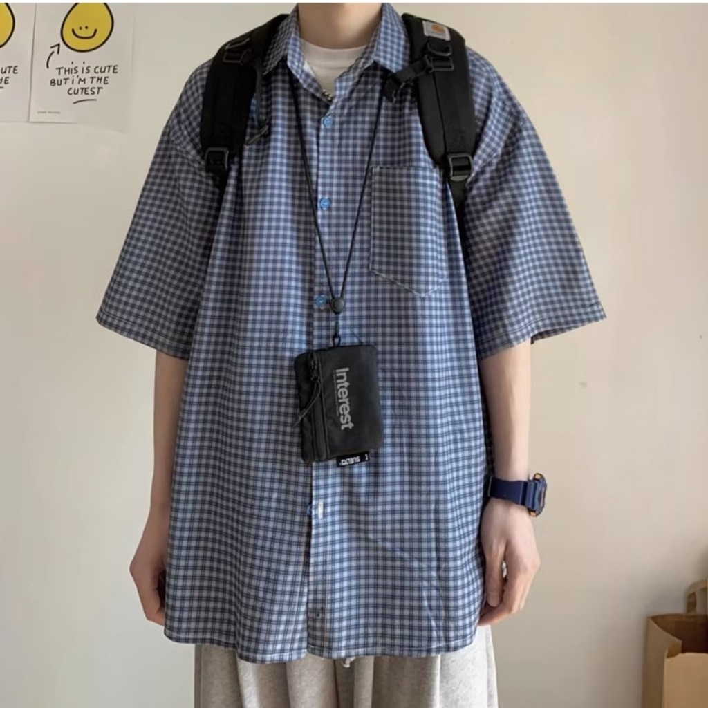 Áo Sơ Mi Tay Ngắn Họa Tiết Sọc Caro Phong Cách Nhật Bản Thời Trang Mùa Hè Cho Nam