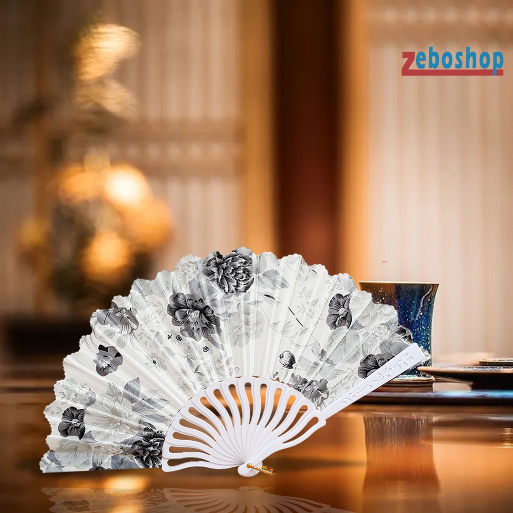Quạt Xếp Cầm Tay Bằng Nhựa Giả Lụa Mềm Mại Họa Tiết Hoa Phong Cách Trung Hoa Cổ Điển Thanh Lịch Dành Cho Nữ