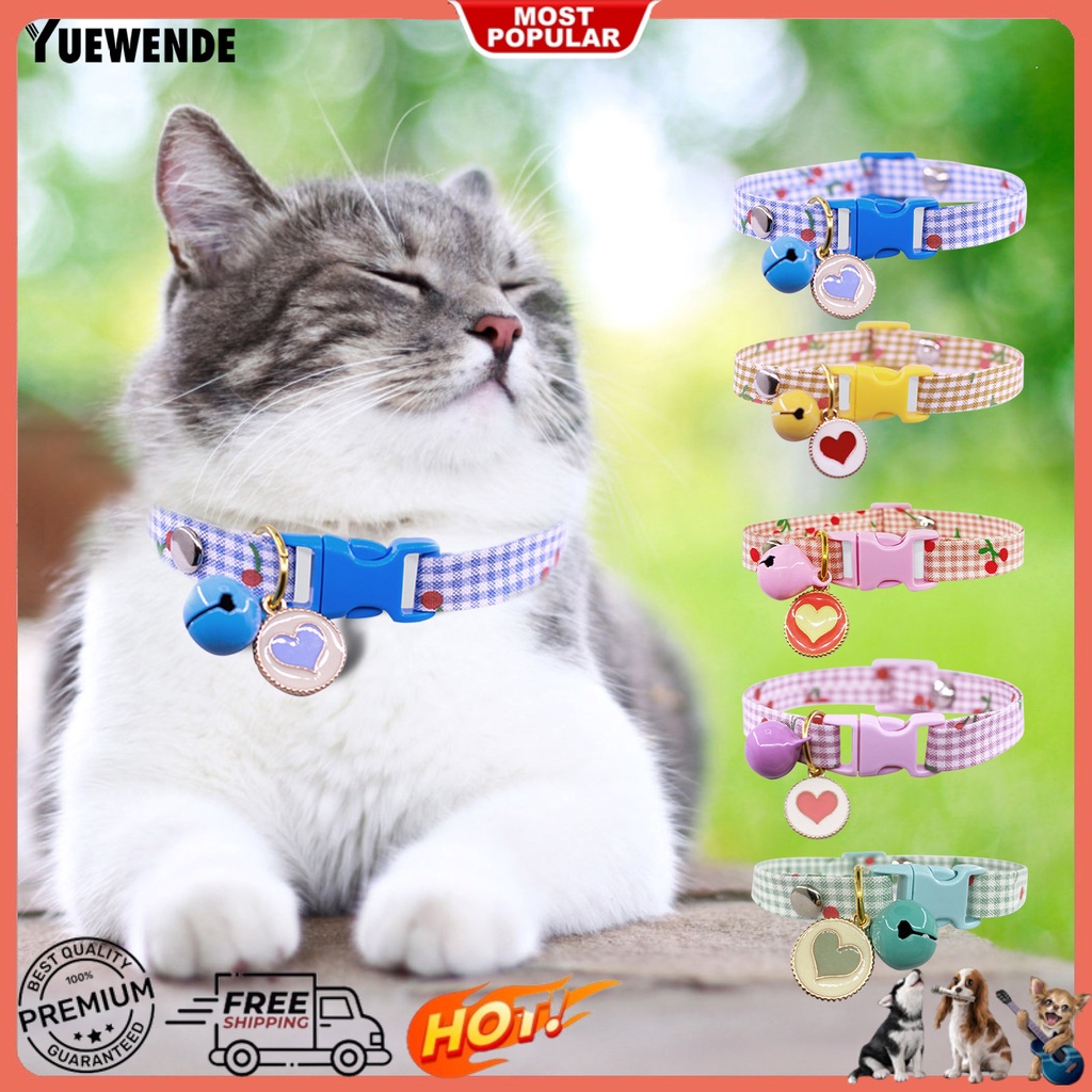 Yq.e Vòng Cổ Thoáng Khí Tháo Nhanh Họa Tiết Cherry Kẻ Sọc Có Chuông Trang Trí Cho Thú Cưng