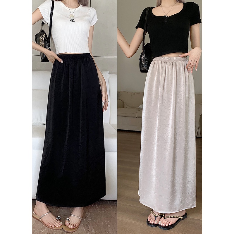 SUXI Chân Váy Midi Dài Dáng Chữ A Vải Satin Bóng Lưng Thun Màu Trơn Thời Trang Sang Trọng Cho Nữ