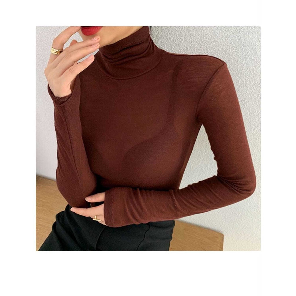 Áo Thun Tay Dài Cổ Cao Dáng Ôm Thời Trang Mùa Xuân Cho Nữ