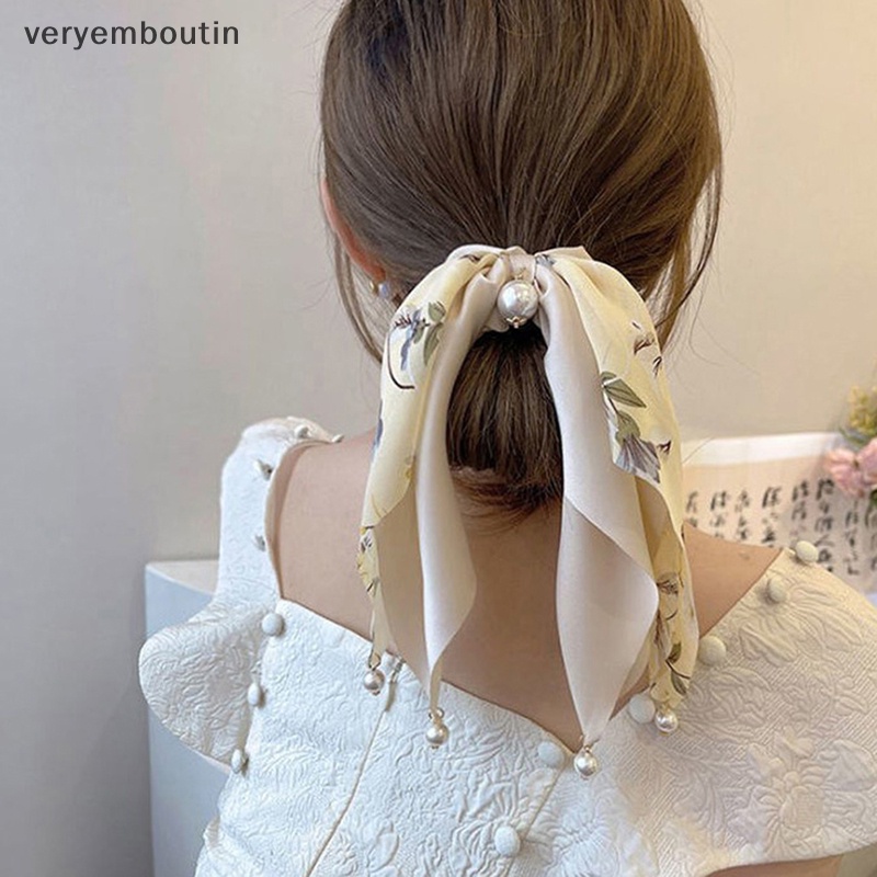Dây Buộc Tóc Hình Nơ Đính Ngọc Trai Đơn Giản Phong Cách Hàn Quốc Thời Trang