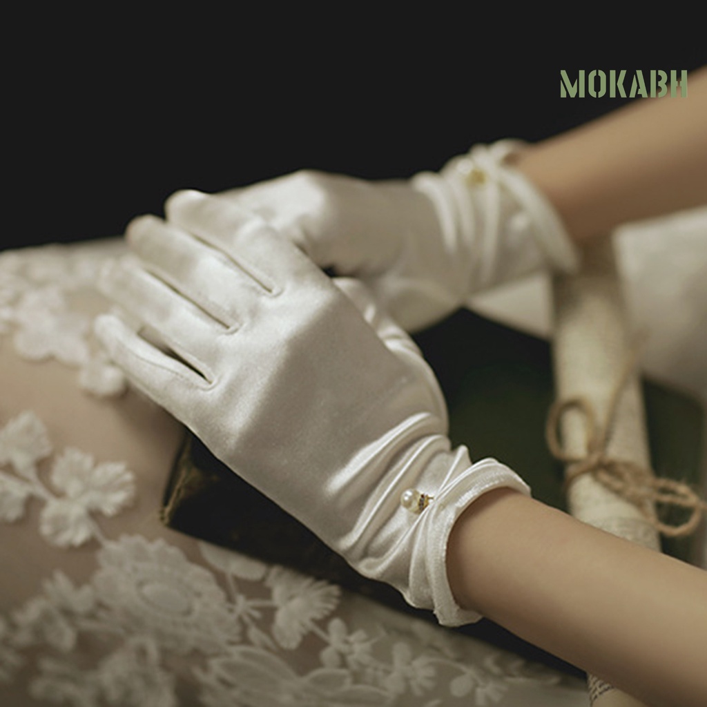 1 Cặp Găng Tay Satin Ngắn Màu Trơn Đính Ngọc Trai Giả Trang Trí Cho Cô Dâu