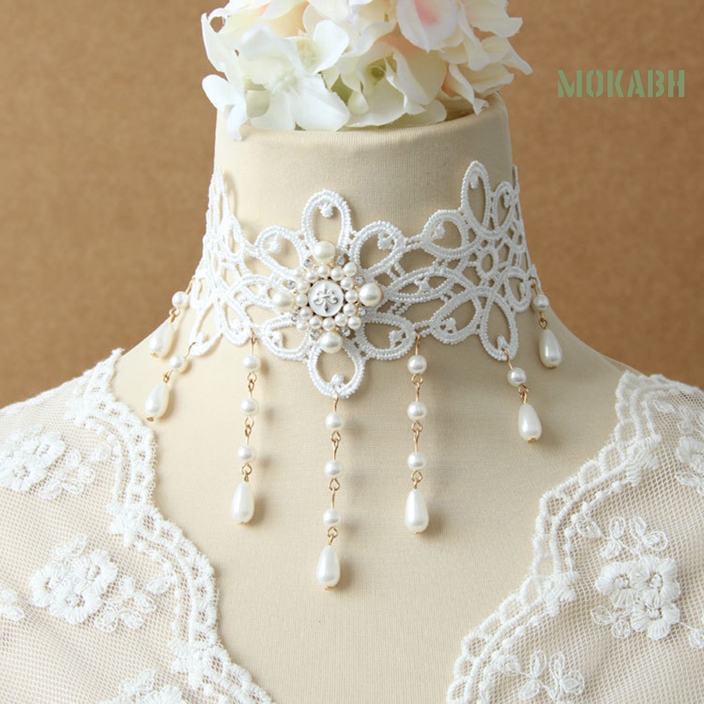 [Mokabh] Vòng Cổ Choker Ren Trắng Đính Ngọc Trai Giả Thanh Lịch Có Thể Điều Chỉnh Trang Sức Cưới Dành Cho Nữ