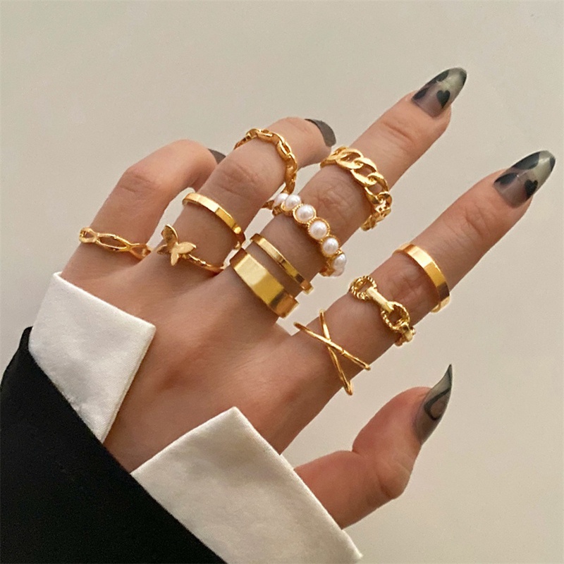 Ygt Bộ Nhẫn Đeo Khớp Ngón Tay Bản Rộng Họa Tiết Hình Học Bướm Vintage Boho Màu Vàng Cho Nữ