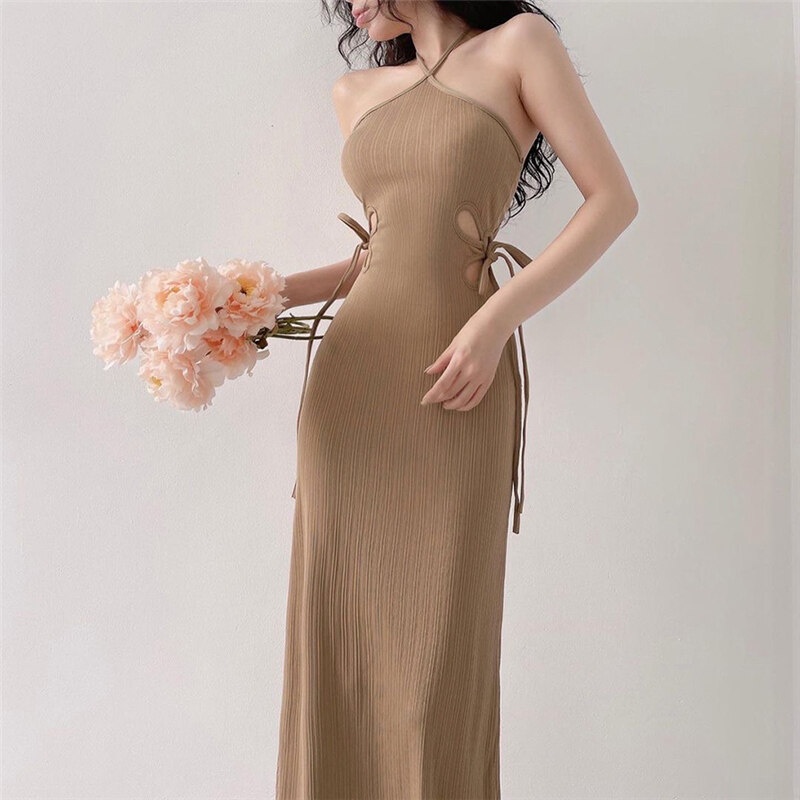Weird Puss Đầm Maxi Hai Dây Ôm Dáng Khoét Lỗ Thanh Lịch Quyến Rũ Cho Nữ
