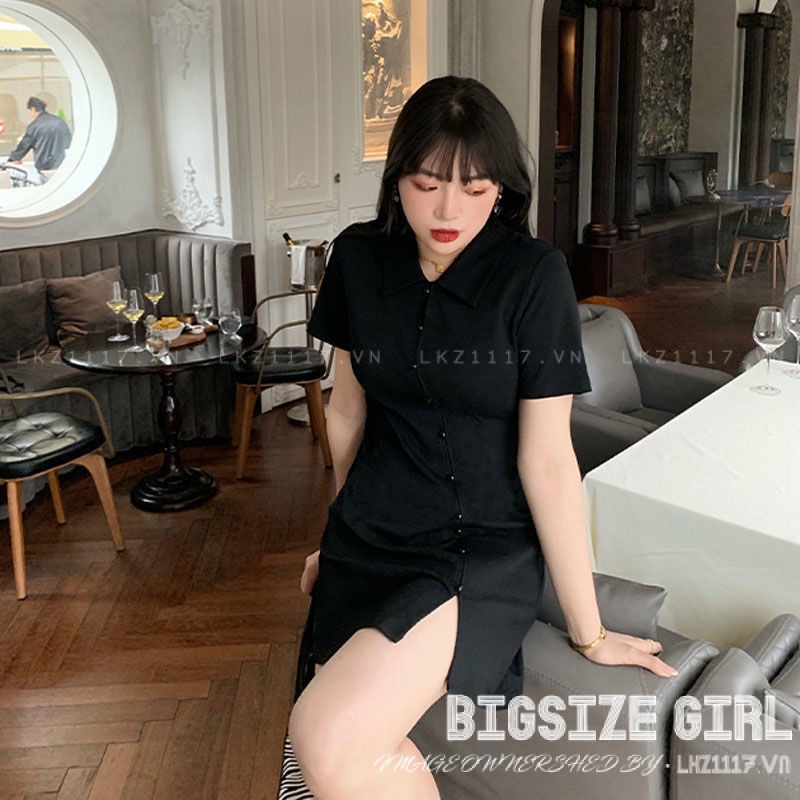 Váy đầm nữ Bigsize Đầm polo dáng ôm tay ngắn có cổ xẻ tà đen mùa hè Phong cách Hàn Quốc Thời Trang đẹp