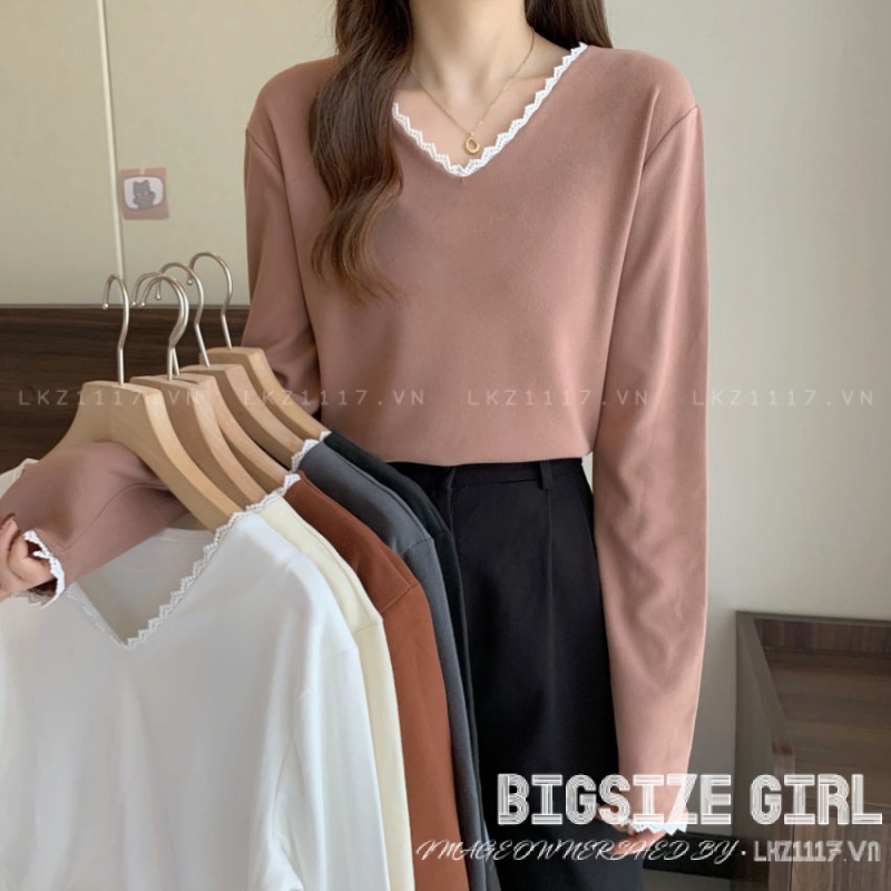 Áo thun Bigsize Áo kiểu nữ form rộng tay dài cổ chữ v Dày dặn mùa thu Phong cách Hàn Quốc Thời Trang đẹp
