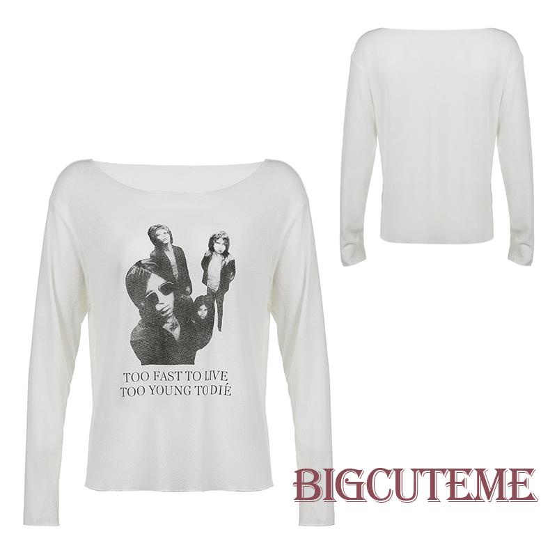 [] Áo Thun Dệt Kim Mỏng Tay Dài Dáng Rộng In Hình Chân Dung Retro Đơn Giản Trọng Lượng Nhẹ Màu Trắng Dành Cho Bạn Nữ Mặc Đi Đường Phố