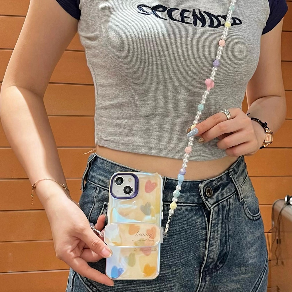 Ốp Điện Thoại TPU Mềm Chống Rơi Màu Cầu Vồng Đính Ngọc Trai Và Dây Đeo Chéo Cho iPhone 14 13 12 11 Pro Max