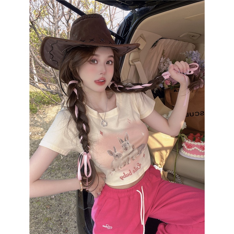 Áo Thun Tay Ngắn Hở Vai Màu Đen In Hình Thỏ Phong Cách Hàn Quốc Thời Trang Mùa Hè Cho Nữ