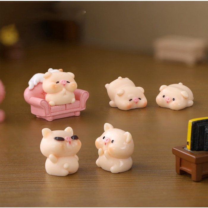 Mô hình gia đình chú heo con decor bàn học, terrarium, DIY