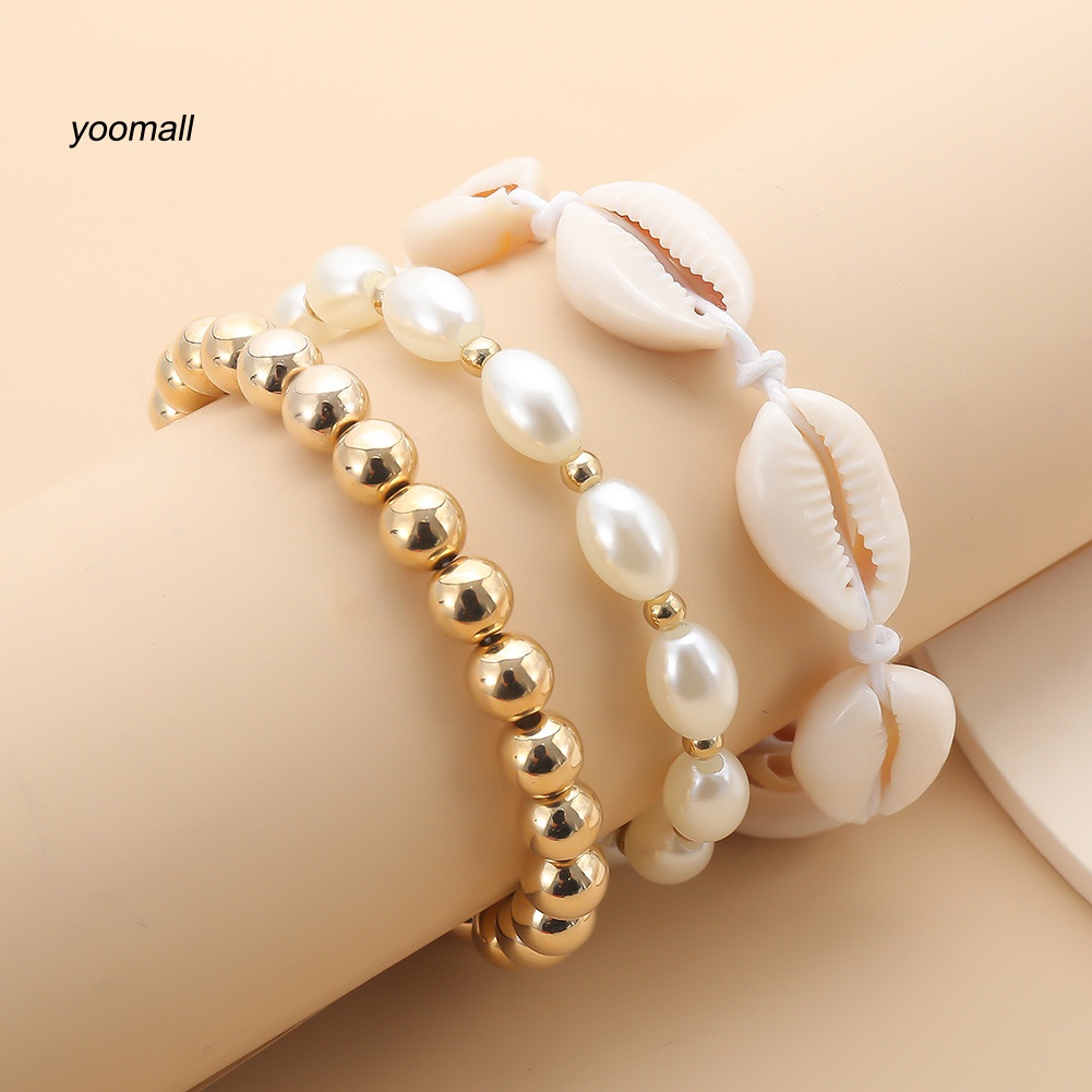 Set 3 Vòng Tay Vỏ Sò Đính Ngọc Trai Giả Thời Trang