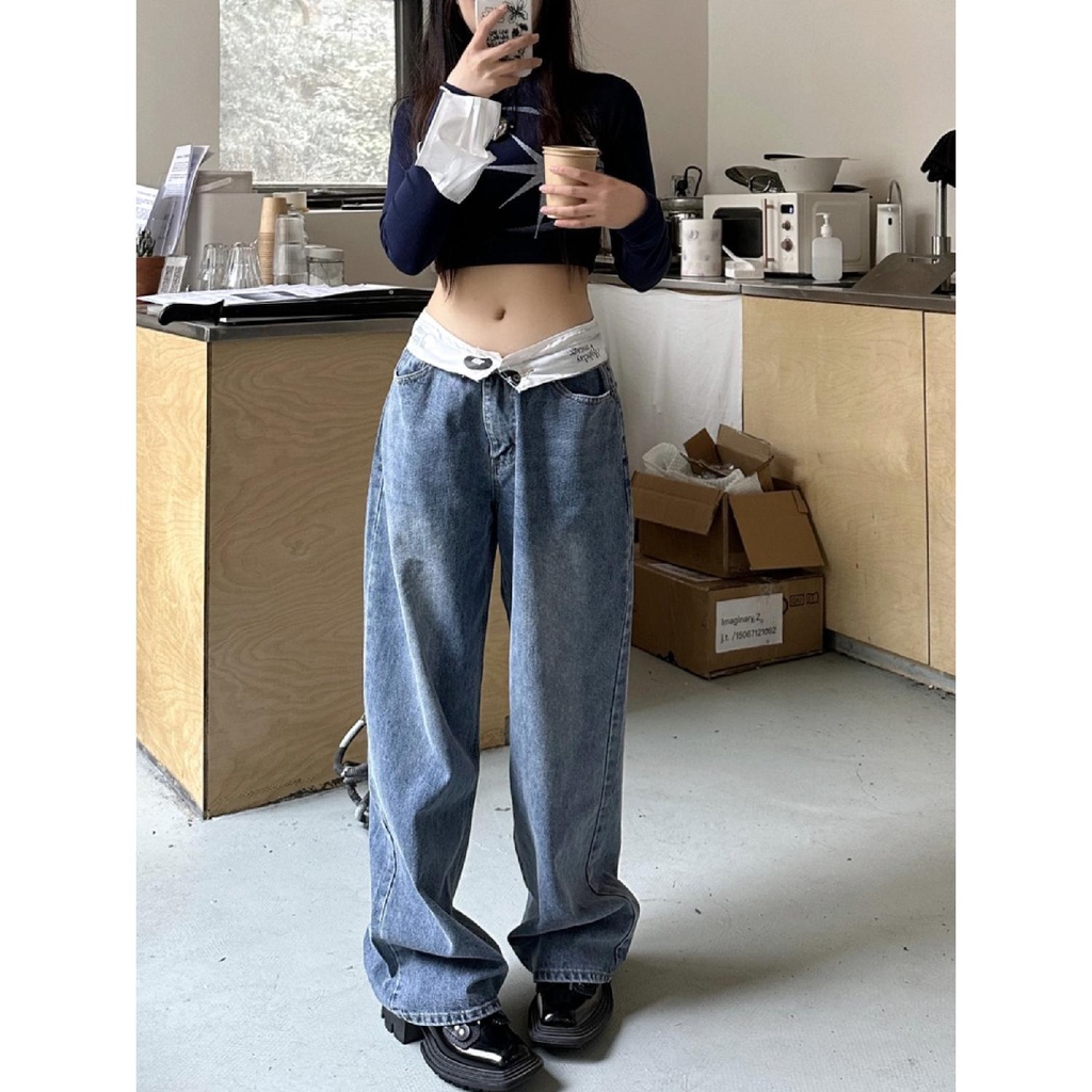Quần Jean Nữ Ống Rộng Lưng Cao Phong Cách Đường Phố Mỹ Cá Tính