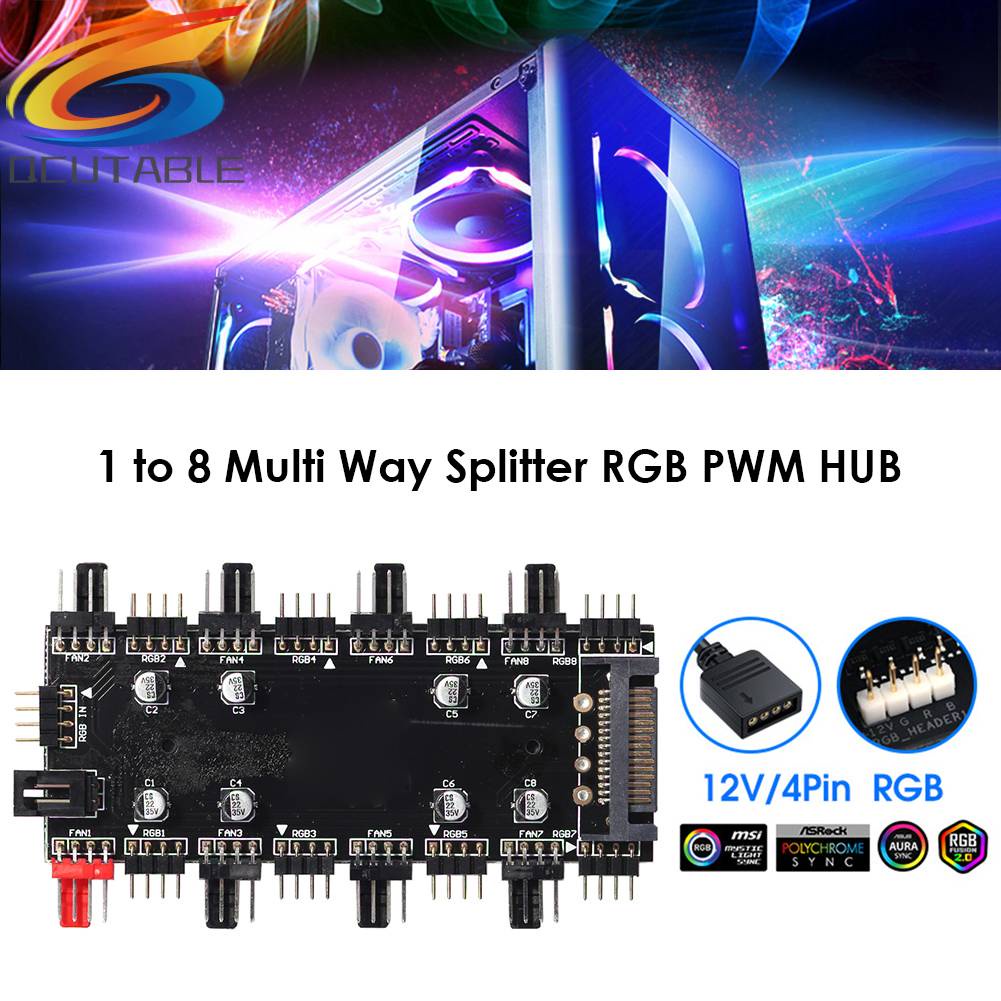 Bộ Chia Cổng 1 Sang 8 Cổng RGB PWM 12V / 4 Pin Cho Bo Mạch Chủ Quạt