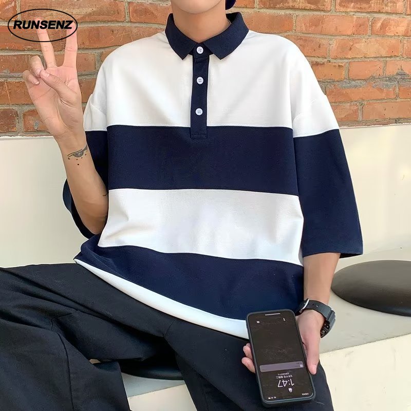 Áo polo Tay Ngắn Dáng Rộng Họa Tiết Kẻ Sọc Phong Cách Hàn Quốc Thời Trang Cho Nam Size M-5XL