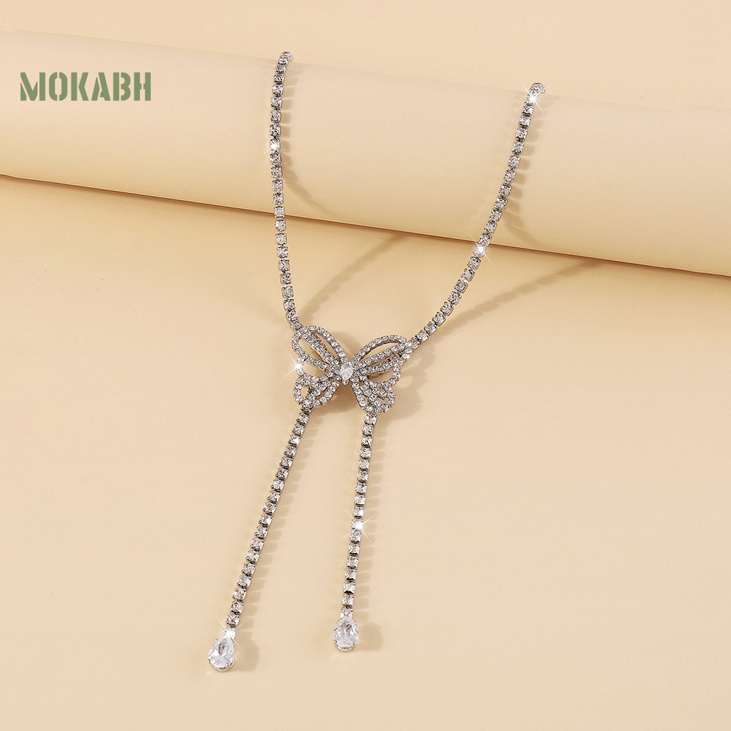 [Mok Abh] Vòng cổ Dáng Dài Hai Lớp Mặt Hình Bướm Đính Đá Phong Cách Retro Thanh Lịch