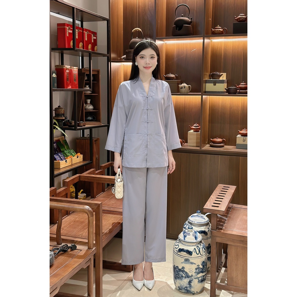 Pháp phục đi chùa, bộ đồ đi lễ chất liệu lụa Kate Hàn 5 cúc cao cấp -  Pháp Phục Mộc Lâm - PP07