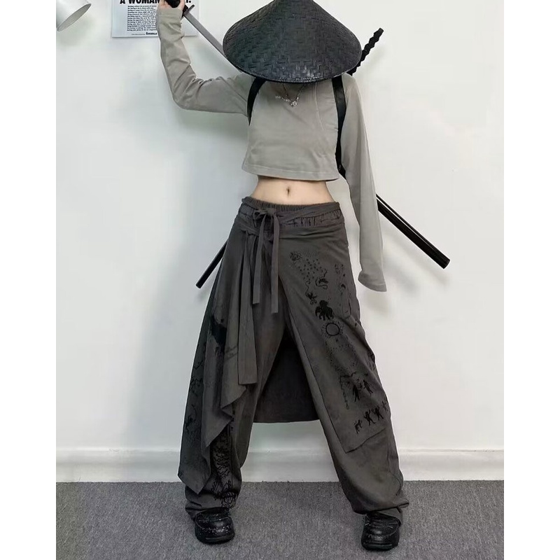Hakama Quần Dài Dáng Suông Lưng Thun Giả Hai Mảnh Bất Đối Xứng Thời Trang Thường Ngày Cho Cặp Đôi Nam Và Nữ Y