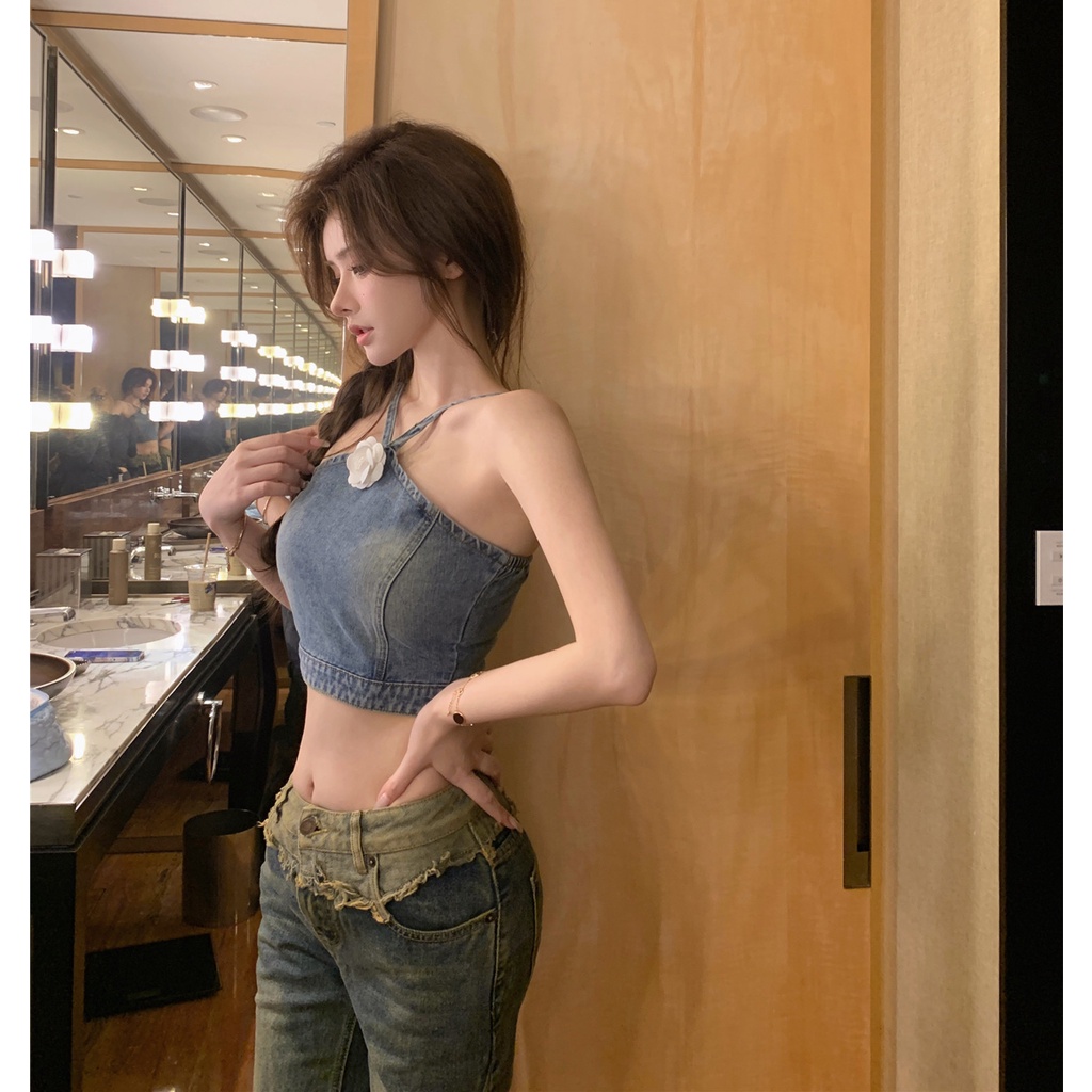 Áo Không Tay Chất Liệu Denim Họa Tiết Hoa Cao Cấp Thời Trang