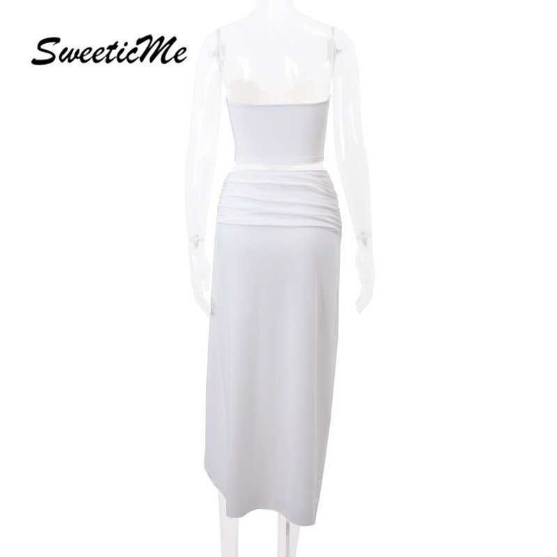 Bộ Áo Croptop Màu Trơn + Chân Váy Dài Xẻ Tà Lưng Thấp Thời Trang Quyến Rũ Cho Nữ SweeticMe 2023