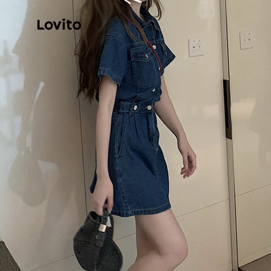 Lovito Đầm denim thô có túi màu trơn giản dị dành cho nữ LNA09006 (Màu xanh da trời)
