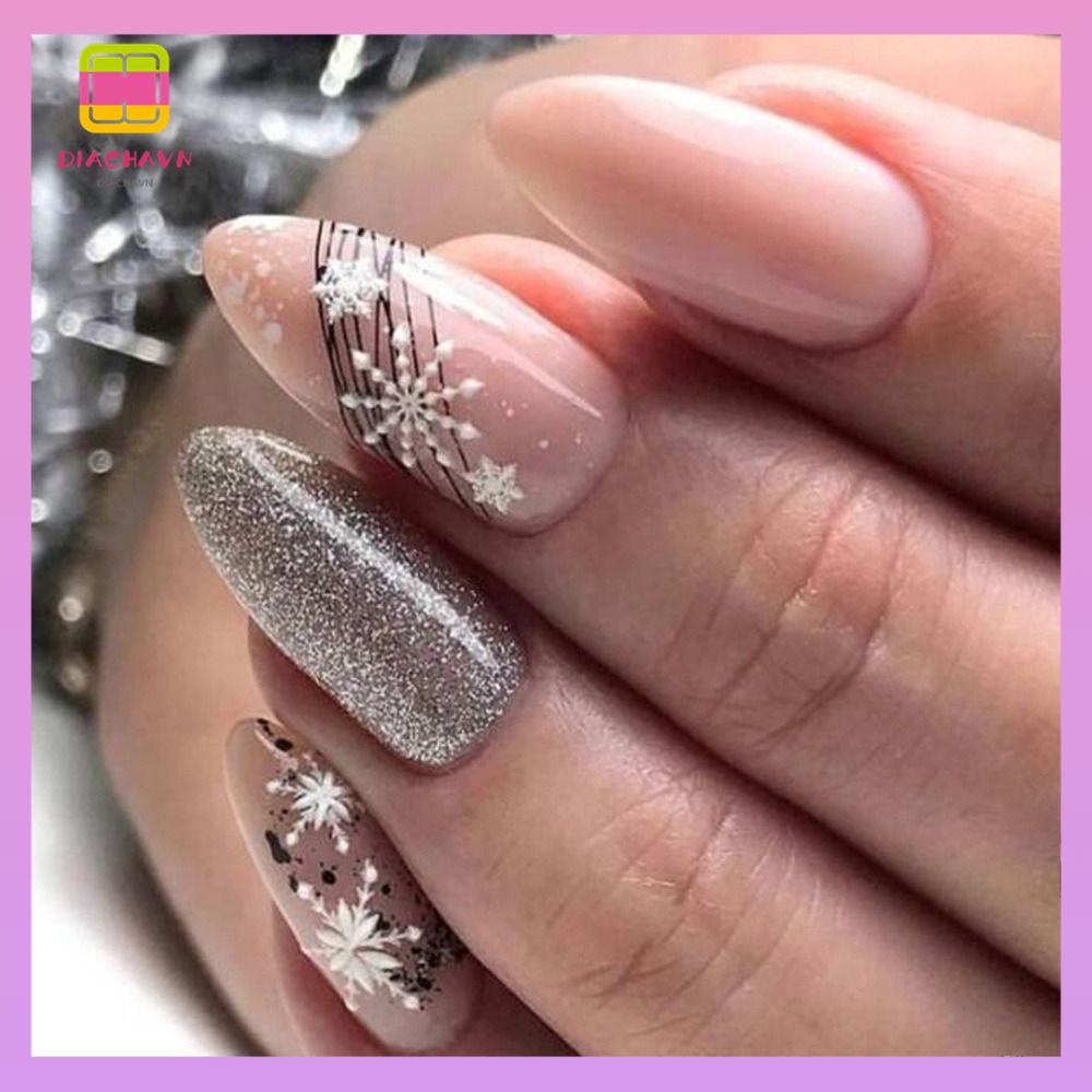 DIACHAVN Bộ 24 Móng Tay Giả Che Phủ Toàn Diện Họa Tiết Bông Tuyết Xinh Xắn