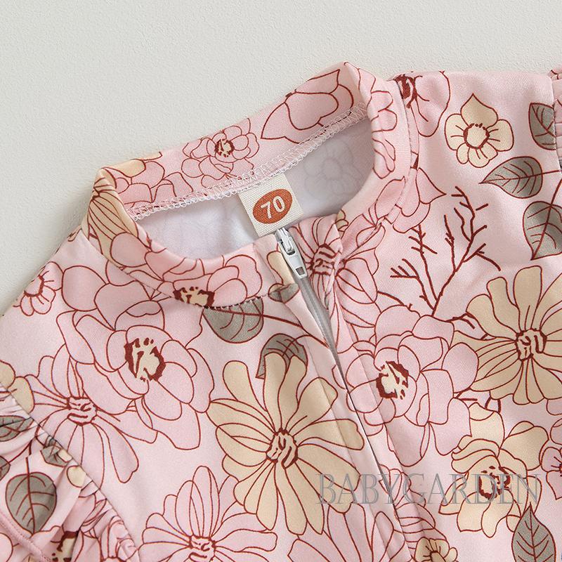 Bộ Áo Liền Quần Tay Dài Cổ Tròn In Hoa Có Khóa Kéo Dành Cho Bé Gái 0-24 Tháng Tuổi