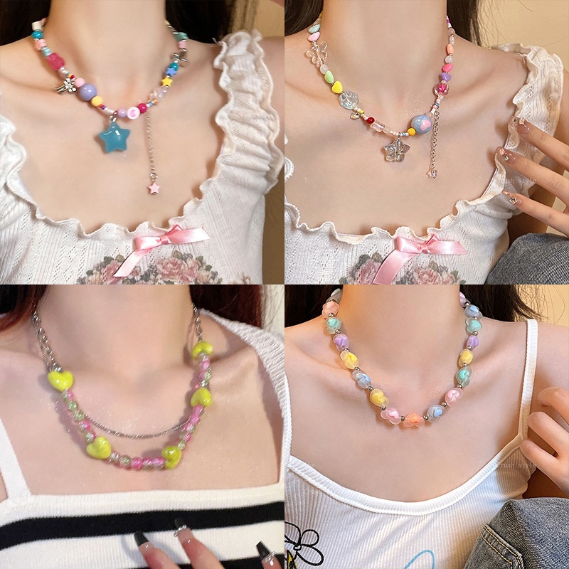 Vòng cổ Chuỗi Hạt Hình Trái Tim Màu Sắc Ngọt Ngào Thời Trang Mùa Hè Cho Nữ