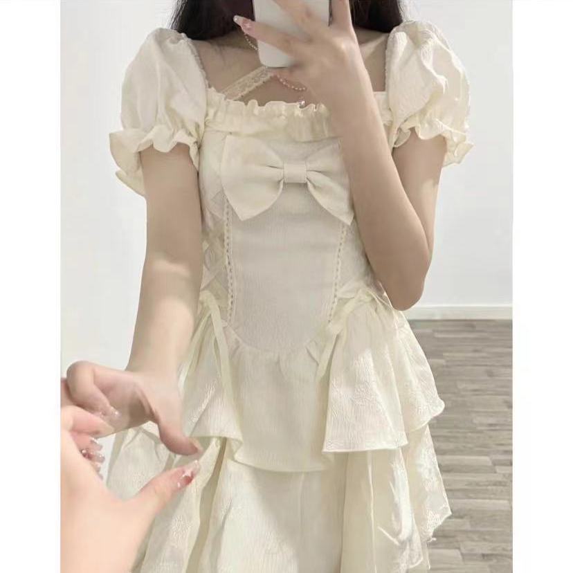 Đầm Công Chúa Dáng Ngắn Ôm Eo Đính Nơ Màu Trắng Thuần Khiết Phong Cách Mori Cho Nữ