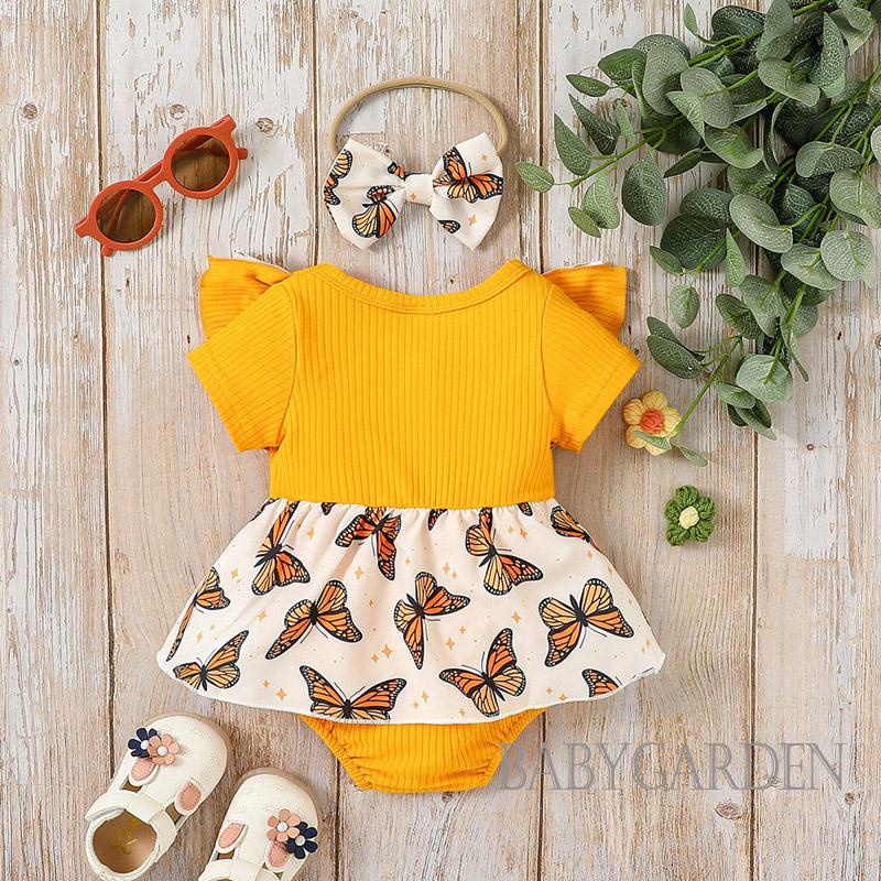 Set Áo Liền Quần &amp; Băng Đô Quấn Đầu In Hình Bướm Cho Bé Gái 0-18 Tháng Tuổi